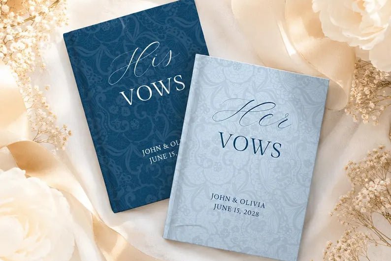 Blue Wedding Vow Books for Bride and Groom - Personalized Lace Hardcover Keepsake Set - JOVILO
