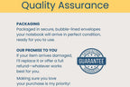 A promotional graphic titled 'Quality Assurance' with text about secure packaging and a satisfaction guarantee, plus a blue circular guarantee seal on a light gray background with a yellow header.