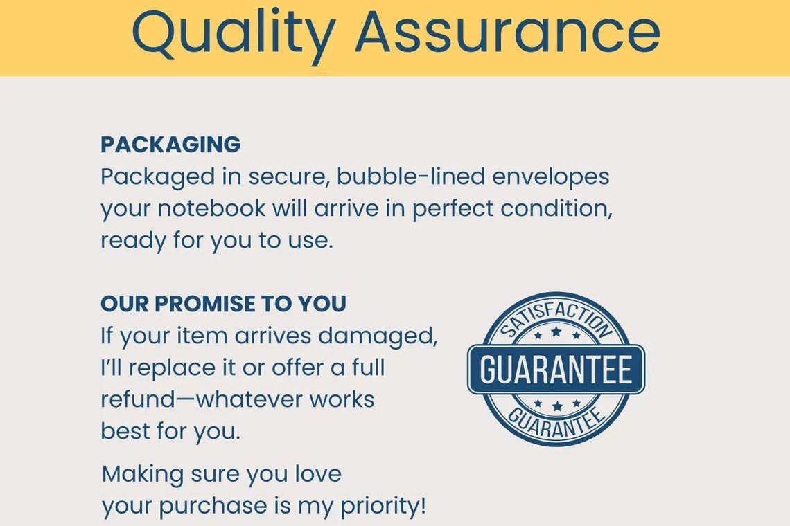 A promotional graphic titled 'Quality Assurance' with text about secure packaging and a satisfaction guarantee, plus a blue circular guarantee seal on a light gray background with a yellow header.