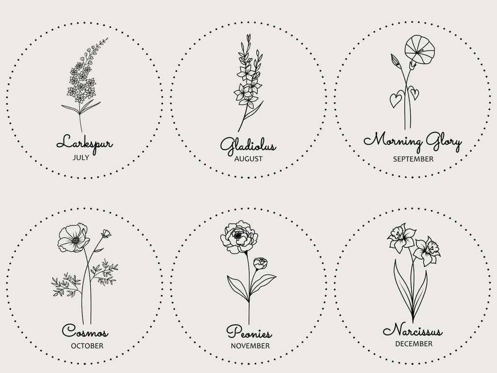 A set of six botanical line art illustrations arranged in a 2x3 grid on a light beige background. Each circular dotted border contains a different flower drawing with the name and month below: Larkspur July, Gladiolus August, Morning Glory September, Cosmos October, Peonies November, Narcissus December.