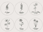 A set of six botanical line art illustrations arranged in a 2x3 grid on a light beige background. Each circular dotted border contains a different flower drawing with the name and month below: Larkspur July, Gladiolus August, Morning Glory September, Cosmos October, Peonies November, Narcissus December.