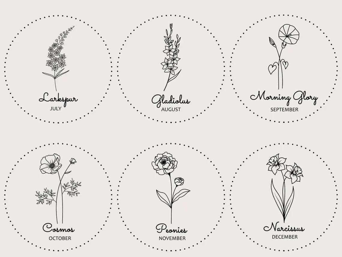 A set of six botanical line art illustrations arranged in a 2x3 grid on a light beige background. Each circular dotted border contains a different flower drawing with the name and month below: Larkspur July, Gladiolus August, Morning Glory September, Cosmos October, Peonies November, Narcissus December.