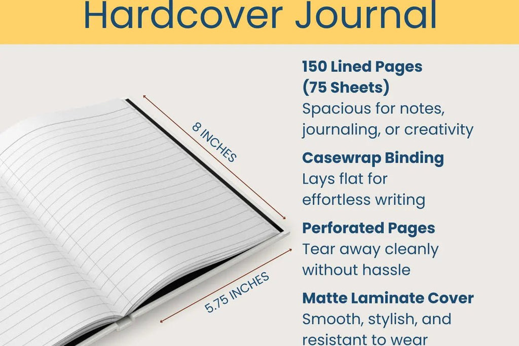 A promotional graphic for a hardcover journal showing an open lined notebook with text callouts for dimensions and features: 150 lined pages, casewrap binding, perforated pages, and a matte laminate cover. The background is light gray with a yellow header and blue title text.