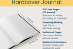 A promotional graphic for a hardcover journal showing an open lined notebook with text callouts for dimensions and features: 150 lined pages, casewrap binding, perforated pages, and a matte laminate cover. The background is light gray with a yellow header and blue title text.