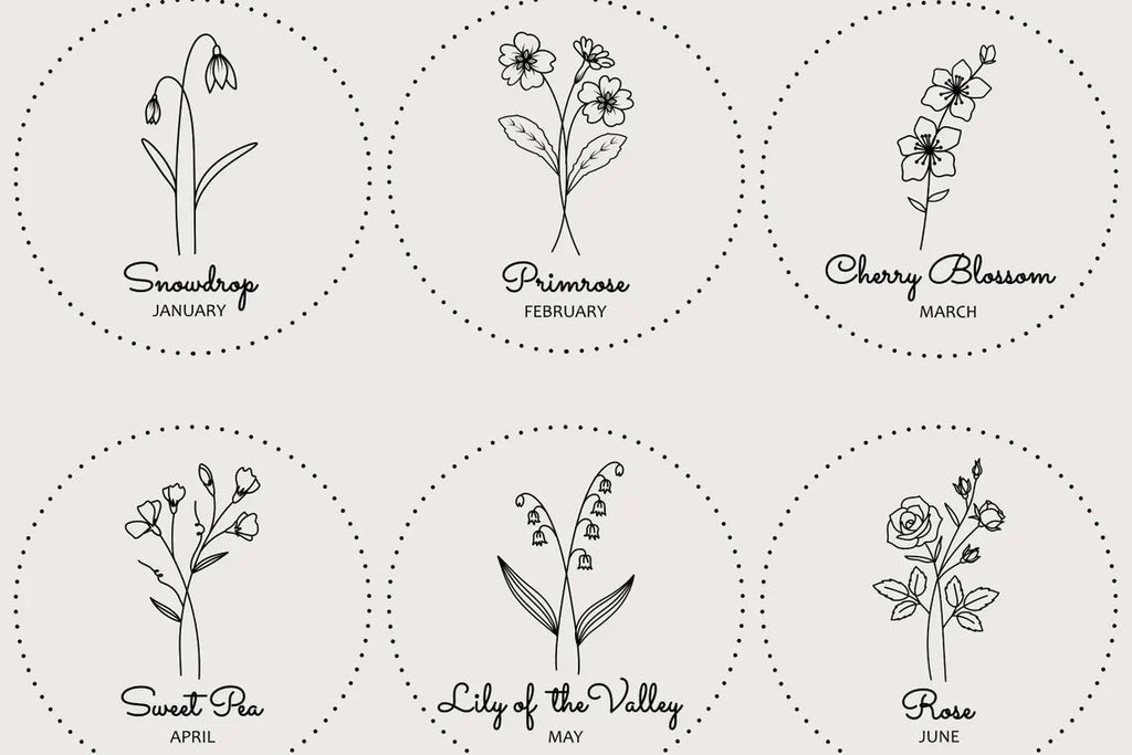A set of six botanical line art illustrations arranged in a 2x3 grid on a light beige background. Each circular frame contains a different flower with its name and month written below: Snowdrop (January), Primrose (February), Cherry Blossom (March), Sweet pea (April), Lily of the Valley (May), and Rose (June).