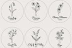 A set of six botanical line art illustrations arranged in a 2x3 grid on a light beige background. Each circular frame contains a different flower with its name and month written below: Snowdrop (January), Primrose (February), Cherry Blossom (March), Sweet pea (April), Lily of the Valley (May), and Rose (June).