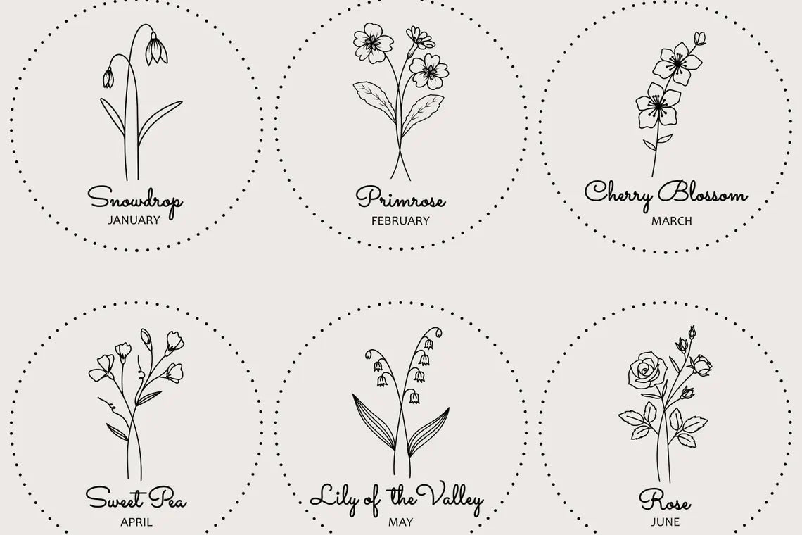 A set of six botanical line art illustrations arranged in a 2x3 grid on a light beige background. Each circular frame contains a different flower with its name and month written below: Snowdrop (January), Primrose (February), Cherry Blossom (March), Sweet pea (April), Lily of the Valley (May), and Rose (June).