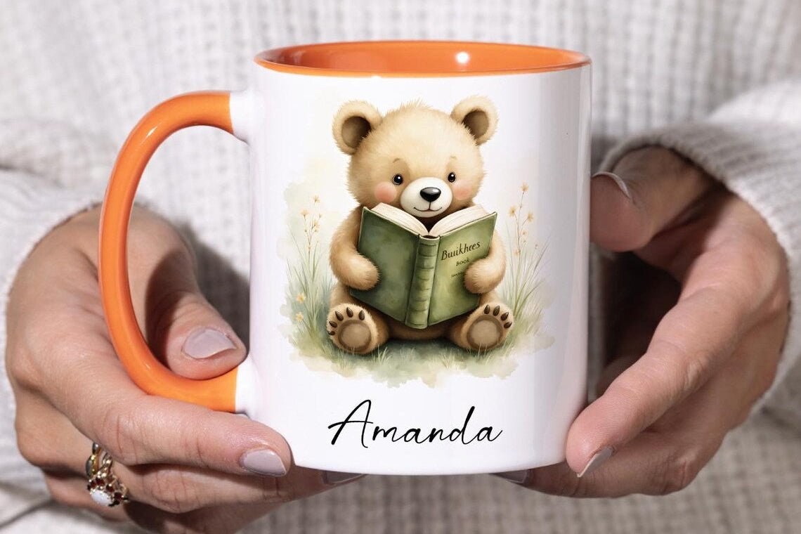 Personalized Bear Reading Mug – Custom Name 11oz Coffee Cup Gift - JOVILO