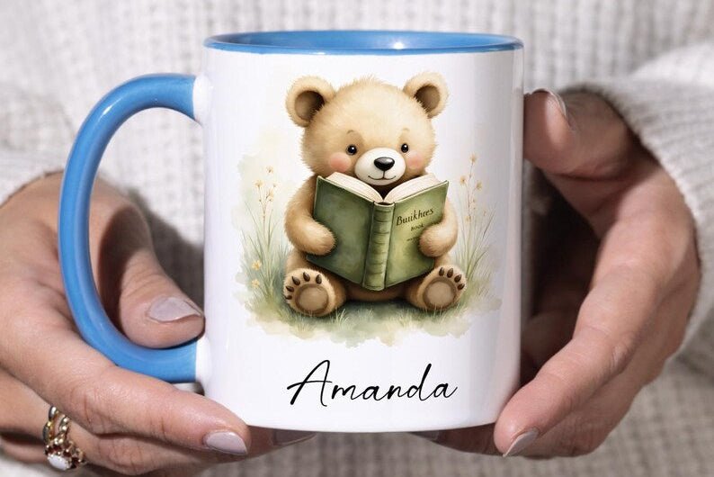 Personalized Bear Reading Mug – Custom Name 11oz Coffee Cup Gift - JOVILO