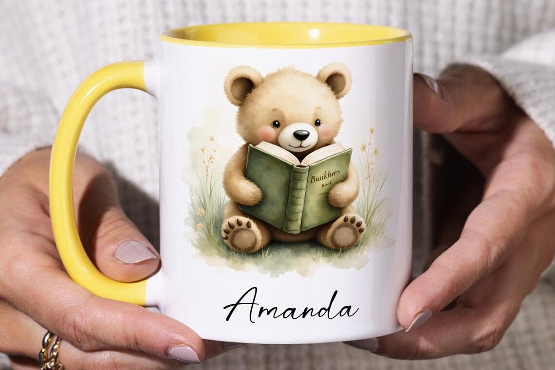 Personalized Bear Reading Mug – Custom Name 11oz Coffee Cup Gift - JOVILO