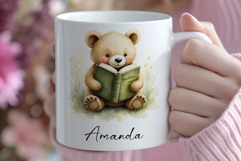 Personalized Bear Reading Mug – Custom Name 11oz Coffee Cup Gift - JOVILO