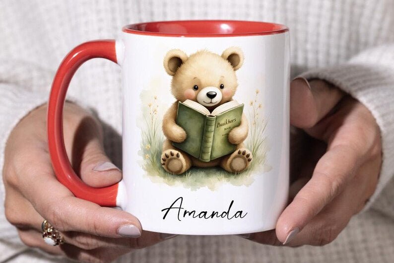 Personalized Bear Reading Mug – Custom Name 11oz Coffee Cup Gift - JOVILO