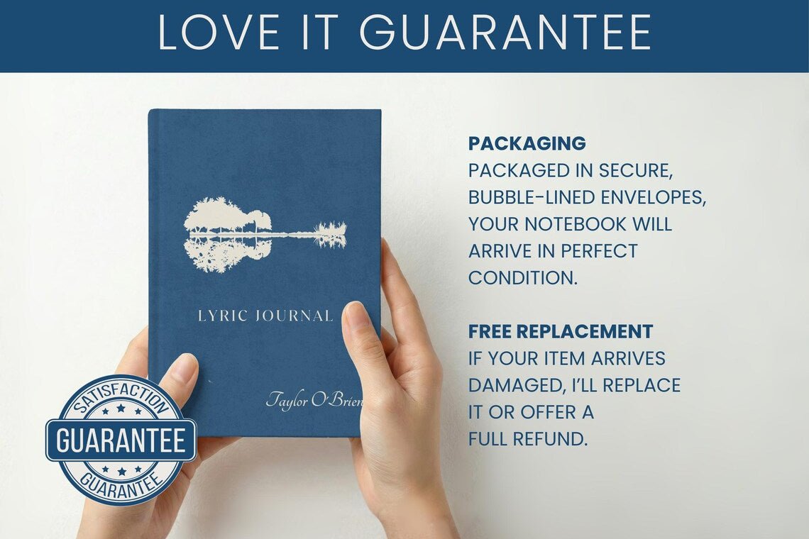 A person holds a blue lyric journal with a white guitar illustration. The image includes marketing text about packaging and a satisfaction guarantee badge, with a JOVILO brand label in the corner.