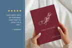 A person holds a burgundy lyric journal with a white line-art microphone illustration and the title 'LYRIC JOURNAL' on the cover. The left side of the image has a blue panel with a five-star quote from Sharon and the brand name JOVILO at the bottom right.