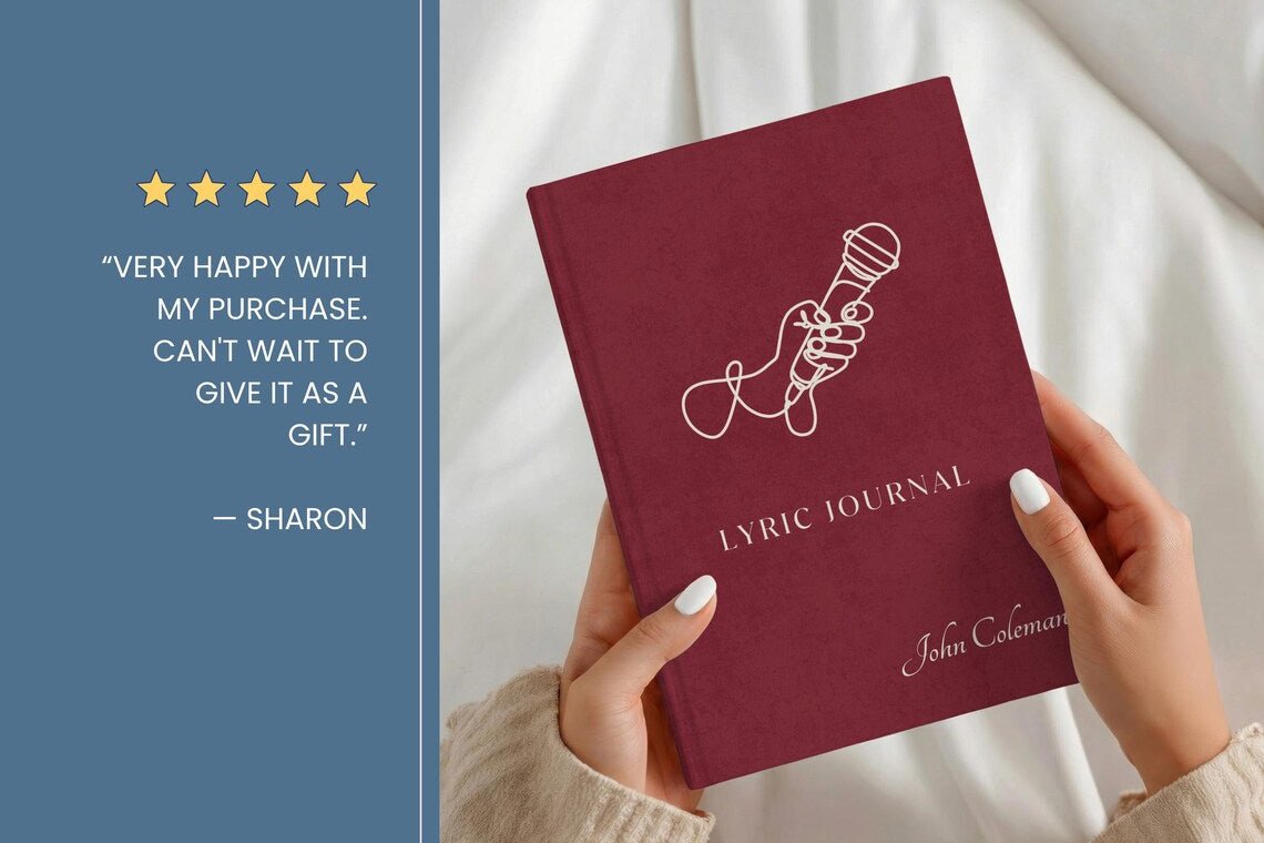 A person holds a burgundy lyric journal with a white line-art microphone illustration and the title 'LYRIC JOURNAL' on the cover. The left side of the image has a blue panel with a five-star quote from Sharon and the brand name JOVILO at the bottom right.
