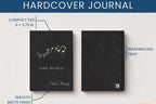 A product infographic for a hardcover journal showing two views of a black journal cover on a light background, with callout labels for compact size 8 x 5.75 in, wraparound print, and smooth matte finish.