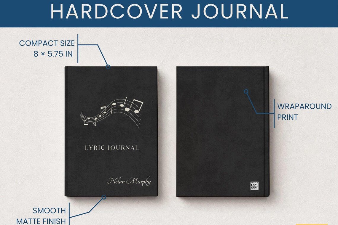A product infographic for a hardcover journal showing two views of a black journal cover on a light background, with callout labels for compact size 8 x 5.75 in, wraparound print, and smooth matte finish.