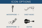 A graphic titled 'ICON OPTIONS' showing four icon choices: a vintage microphone labeled 'MICROPHONE - 1', a sheet music symbol labeled 'SHEET MUSIC', a modern microphone hand-drawn icon labeled 'MICROPHONE - 2', and a guitar silhouette labeled 'GUITAR' on a light gray background with a dark blue header.