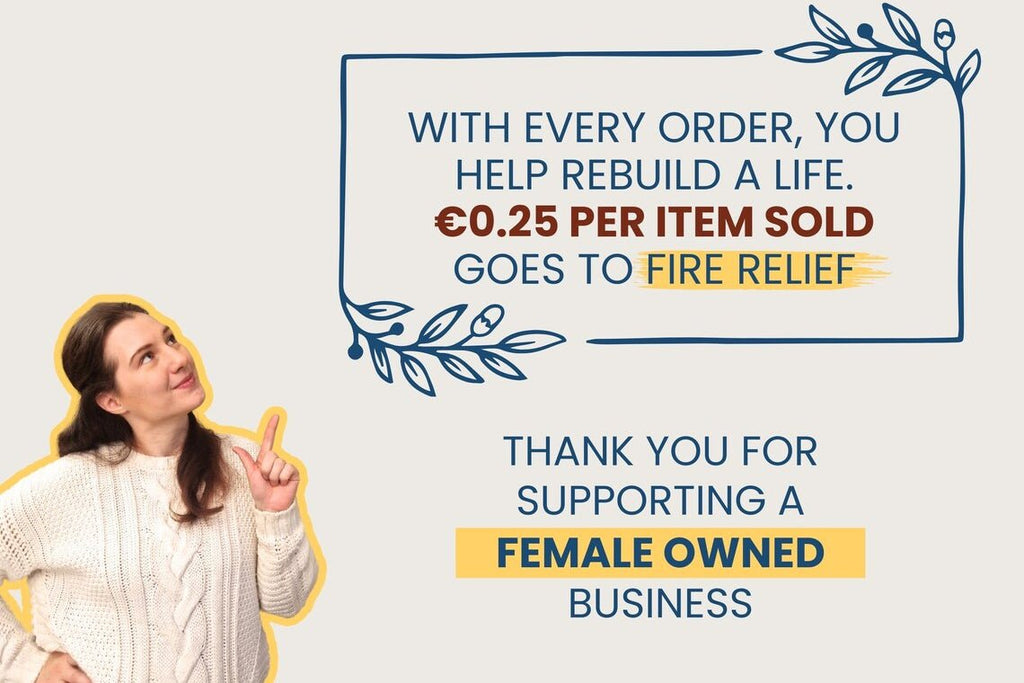 A promotional graphic with text thanking customers for supporting a female-owned business. On the left is a cutout photo of a smiling woman in a cream cable-knit sweater pointing upward.