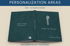 A digital mockup showing an open dark teal journal with placeholder text and a microphone icon on the cover, under the heading 'PERSONALIZATION AREAS' with text noting font and customization options.