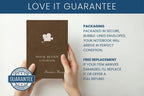 A person holds a brown notebook labeled 'Movie Review Logbook' against a light background, with promotional text about a love-it guarantee and a blue satisfaction guarantee badge.