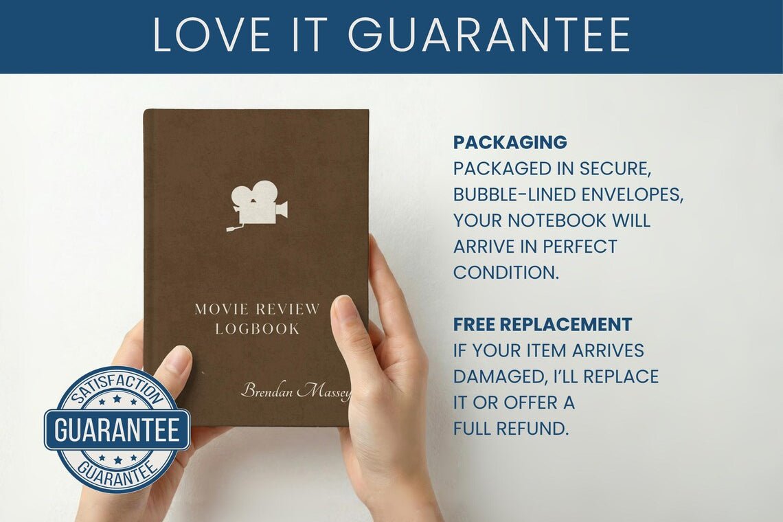 A person holds a brown notebook labeled 'Movie Review Logbook' against a light background, with promotional text about a love-it guarantee and a blue satisfaction guarantee badge.