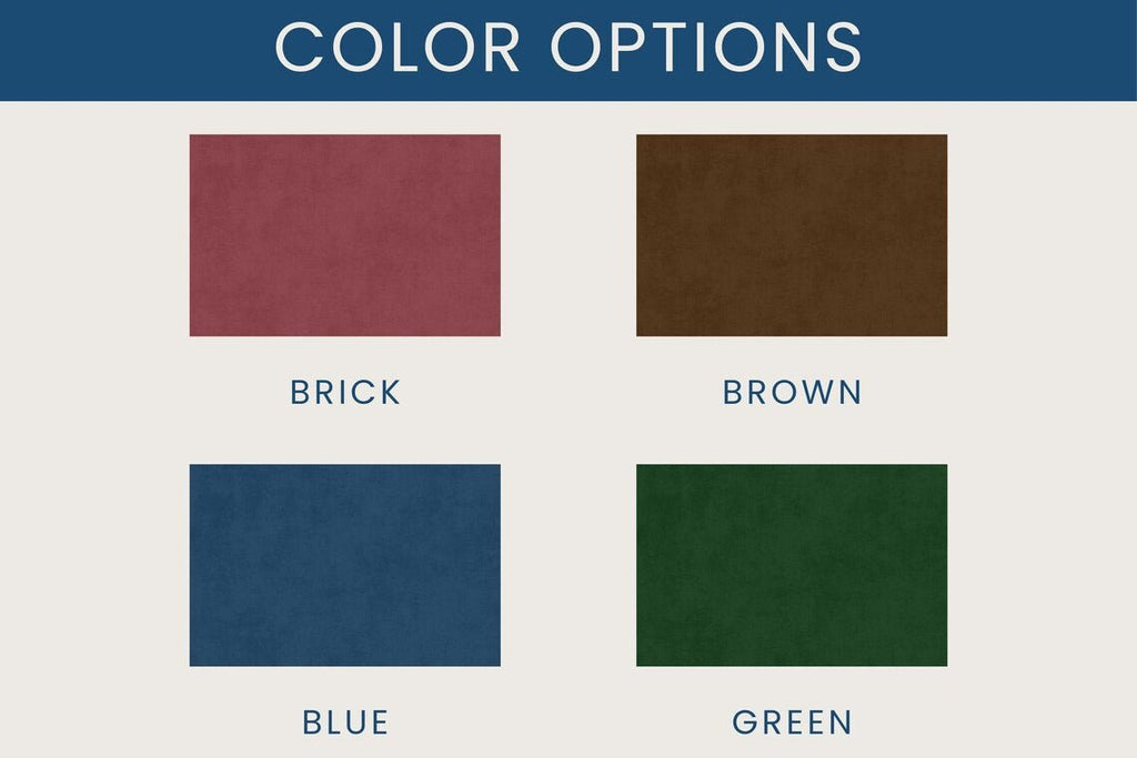 A color options chart with four fabric swatches labeled Brick, Brown, Blue, and Green under a blue header reading COLOR OPTIONS.