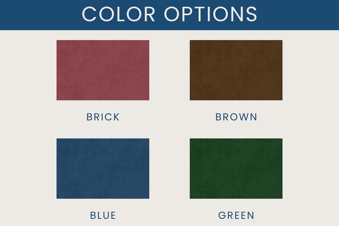 A color options chart with four fabric swatches labeled Brick, Brown, Blue, and Green under a blue header reading COLOR OPTIONS.