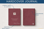 A product infographic showing a hardcover movie review logbook in two views: the front cover with a clapperboard icon and the title 'Movie Review Logbook' by Brenda Mungui, and the back cover with a wraparound print design. Text labels highlight compact size 8 x 5.