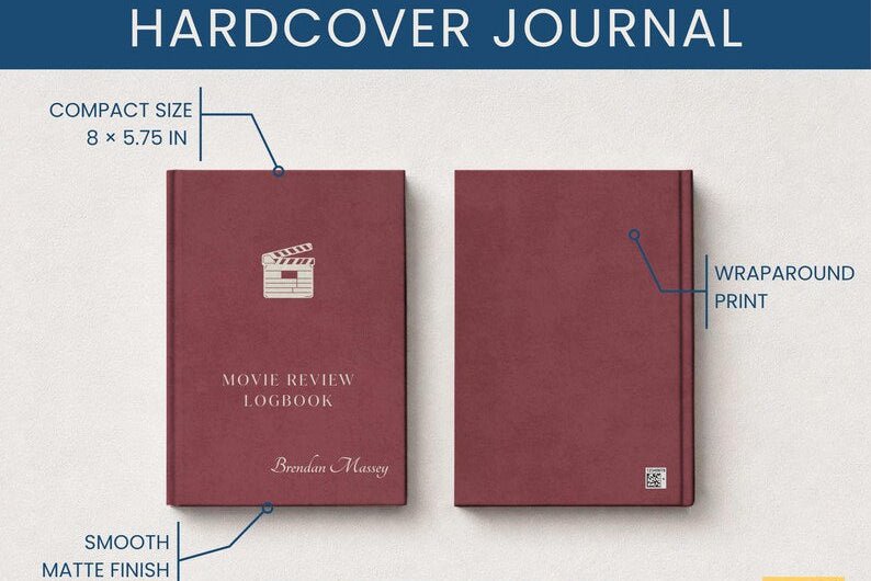 A product infographic showing a hardcover movie review logbook in two views: the front cover with a clapperboard icon and the title 'Movie Review Logbook' by Brenda Mungui, and the back cover with a wraparound print design. Text labels highlight compact size 8 x 5.