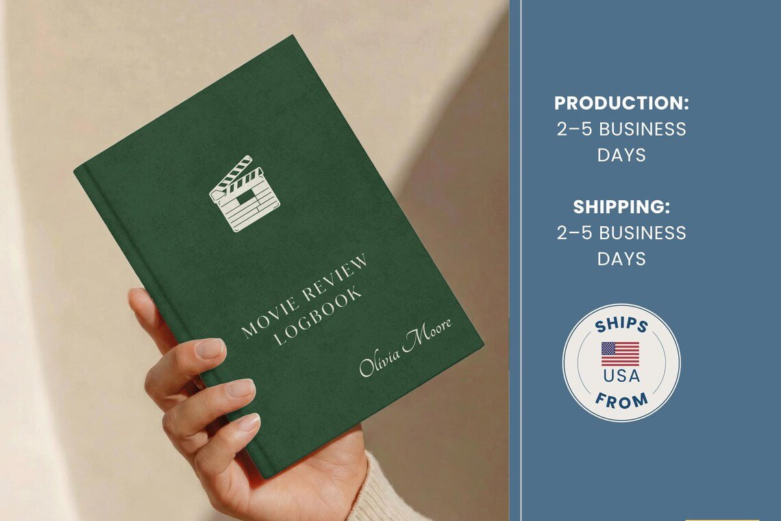 A hand holds a dark green hardcover book titled 'Movie Review Logbook' by Olivia Moore. The right side of the image features a blue panel with text stating 'Production: 2-5 Business Days' and 'Shipping: 2-5 Business Days,' plus a 'Ships USA From' badge.