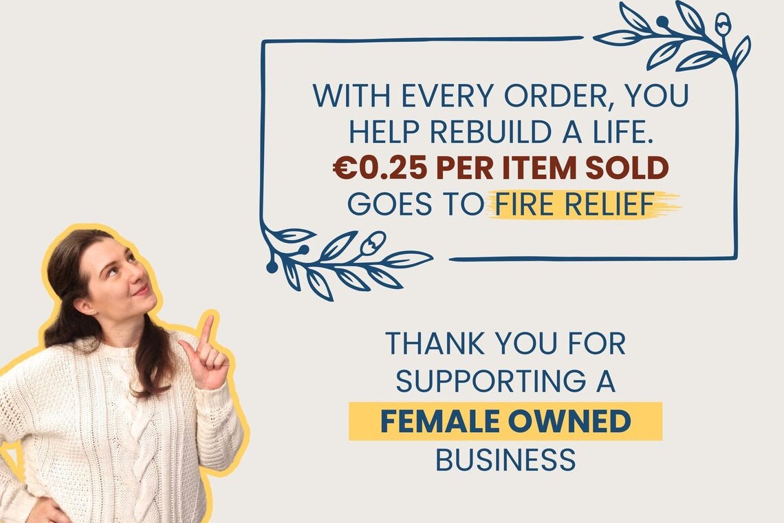 A promotional graphic with a woman in a cream sweater pointing upward on the left, alongside text that reads: 'WITH EVERY ORDER, YOU HELP REBUILD A LIFE. €0.