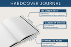 An open hardcover journal shown on a light beige background with blue informational callouts. The text highlights 150 lined pages, 8-inch size, 5.