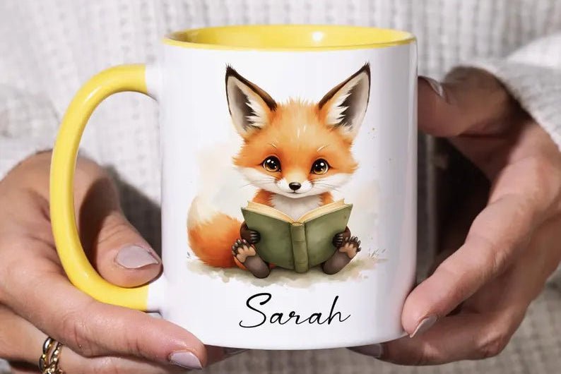Personalized Reading Fox Mug - Custom Name 11oz Coffee Cup Gift - JOVILO