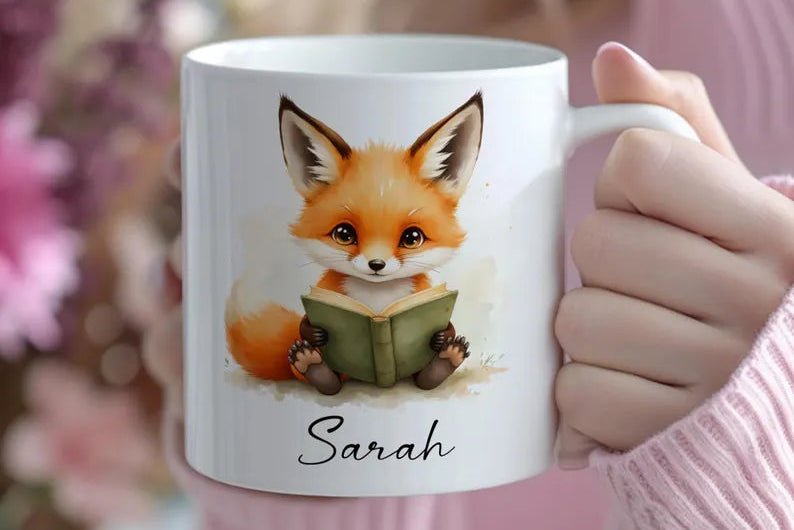 Personalized Reading Fox Mug - Custom Name 11oz Coffee Cup Gift - JOVILO