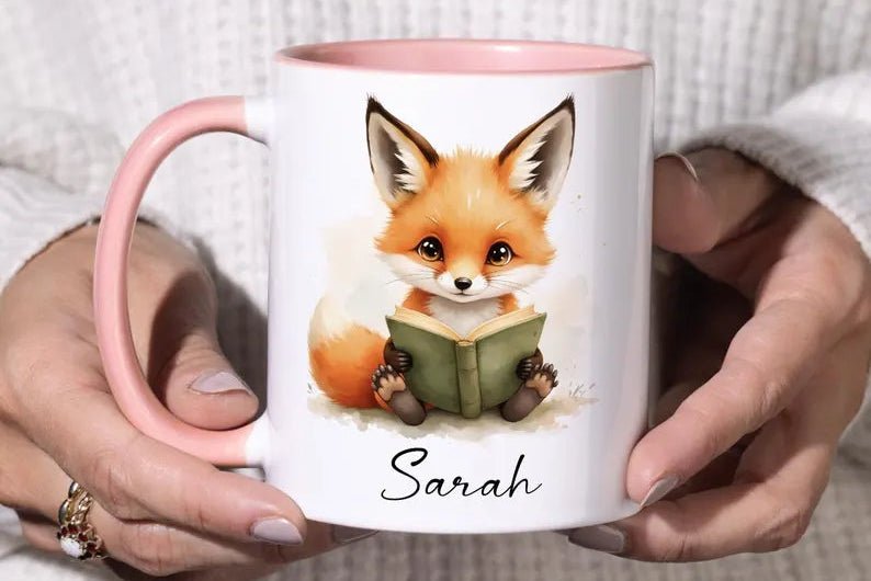 Personalized Reading Fox Mug - Custom Name 11oz Coffee Cup Gift - JOVILO