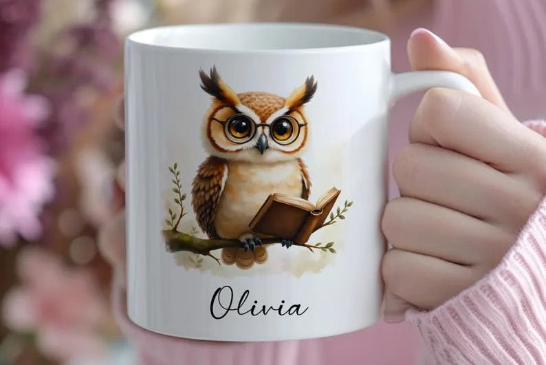 Personalized Reading Owl Mug - Custom Name 11oz Coffee Cup Gift - JOVILO