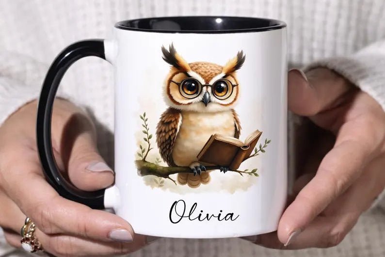 Personalized Reading Owl Mug - Custom Name 11oz Coffee Cup Gift - JOVILO