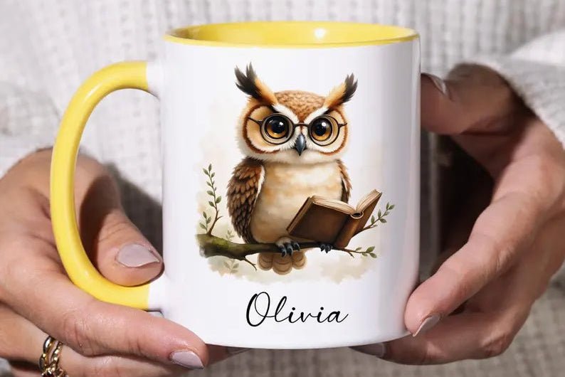 Personalized Reading Owl Mug - Custom Name 11oz Coffee Cup Gift - JOVILO