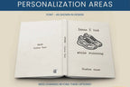 An open mockup of a customizable book or journal cover design with placeholder text such as 'Idea I had while running' and 'Custom name,' shown on a beige background with blue header/footer text about personalization areas.