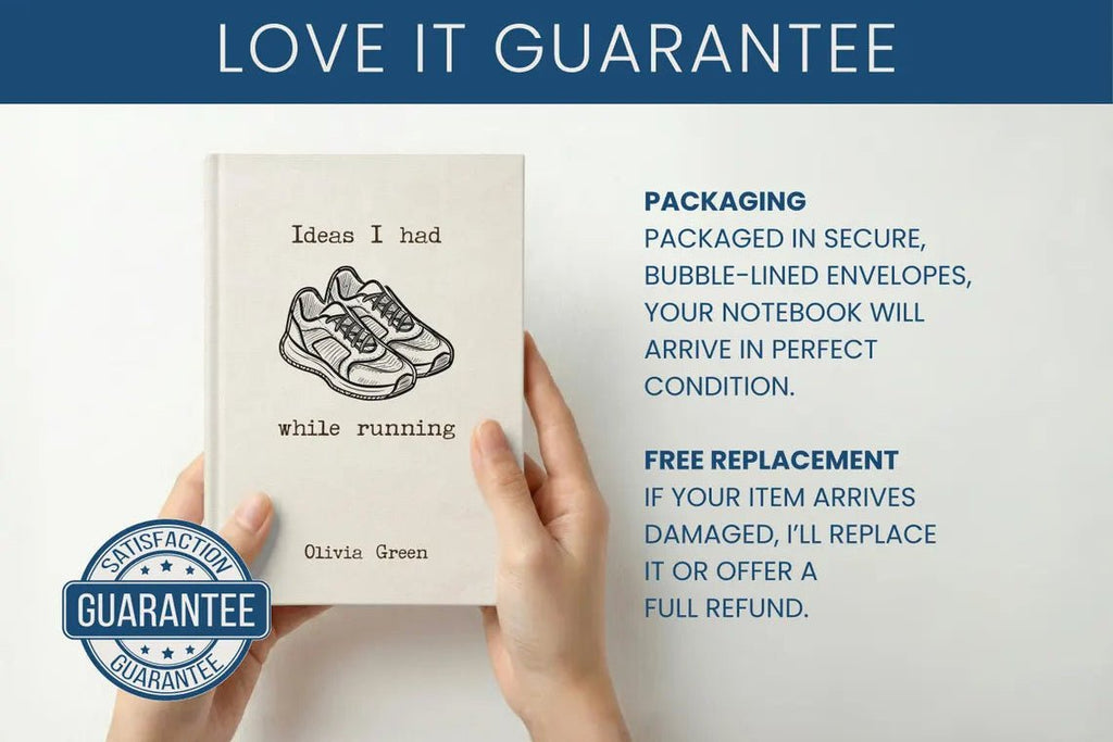 A person holds a notebook titled "Ideas I had while running" by Olivia Green against a light background, with promotional text reading "LOVE IT GUARANTEE" and a satisfaction guarantee badge.