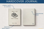 A product diagram showing two views of a hardcover journal: the front cover with a sketch of running shoes and the title 'Ideas I had while running' by Olivia Green, and the back cover with a wraparound print. Blue text labels highlight compact size 8 x 5.