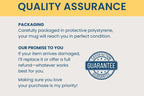 A promotional graphic titled 'QUALITY ASSURANCE' with text about packaged mug safety and a satisfaction guarantee seal on a light gray background with a yellow header.