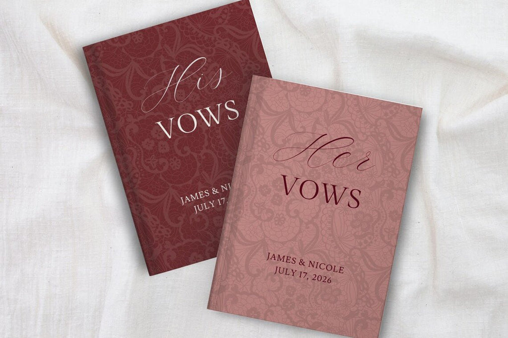 Red Wedding Vow Books for Marriage Ceremony - Personalized His & Hers Hardcover Lace Set - JOVILO